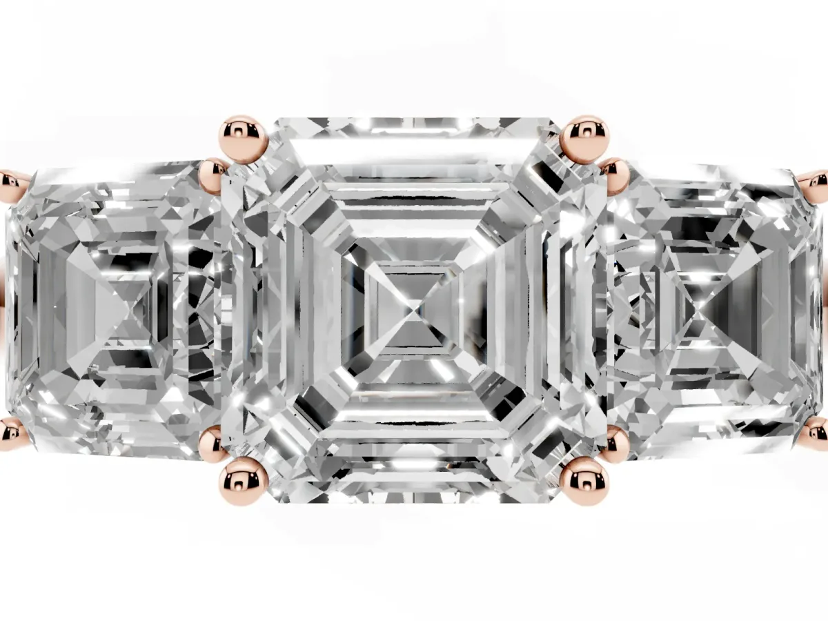Three-Stone Asscher Cut Cut Diamond Engagement Ring with Prong Setting on a White Gold Band Rose gold