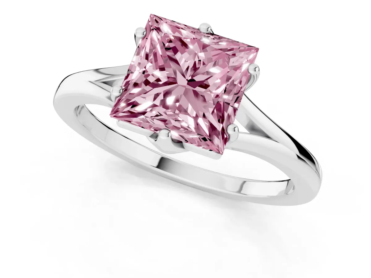 Fancy Pink Princess Cut Solitaire Diamond Ring with Six-Prong Setting and Tapered Band White gold