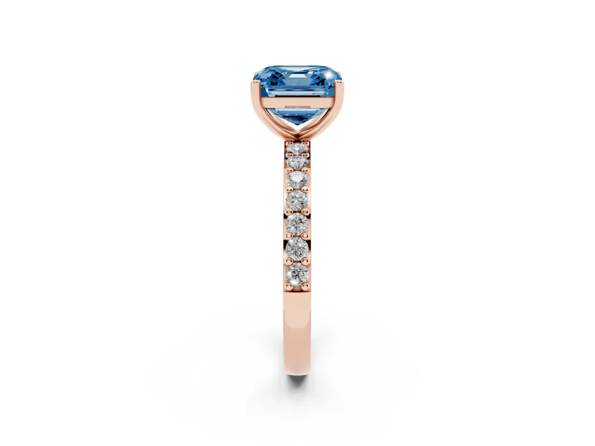 Fancy Blue Asscher Cut Cut Diamond Solitaire with Pave Band and Four-Prong Setting Rose gold