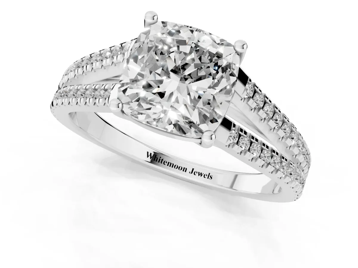 Cushion Cut Diamond Solitaire Engagement Ring with Split Shank Pavé Band Silver