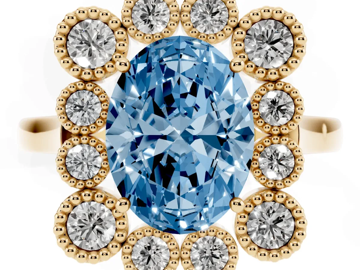 Fancy Blue Oval Cut Halo Diamond Cluster Engagement Ring with Milgrain Bezel Setting and Solitaire Band Yellow gold