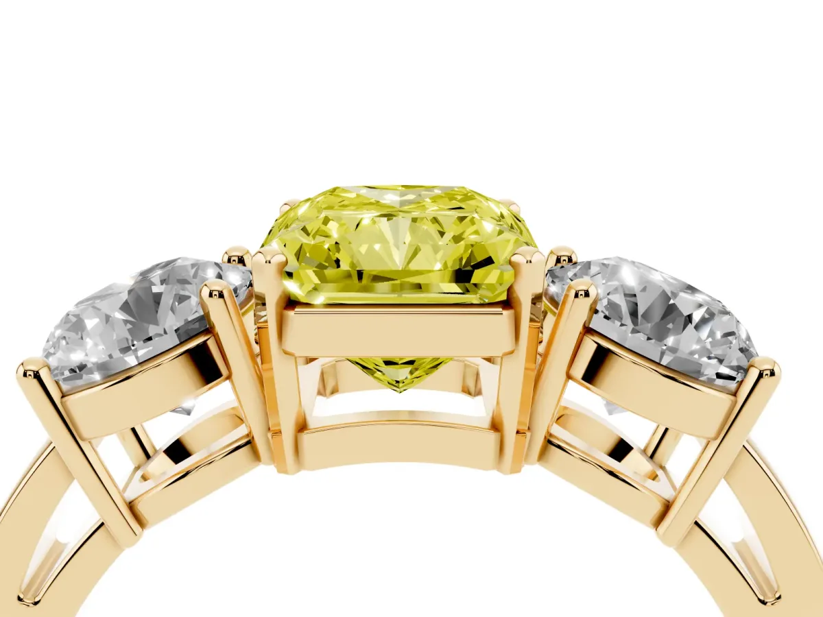Fancy Yellow Three-Stone Radiant Cut Diamond Ring with Round Side Stones, Classic Band, and Four-Prong Setting Yellow gold