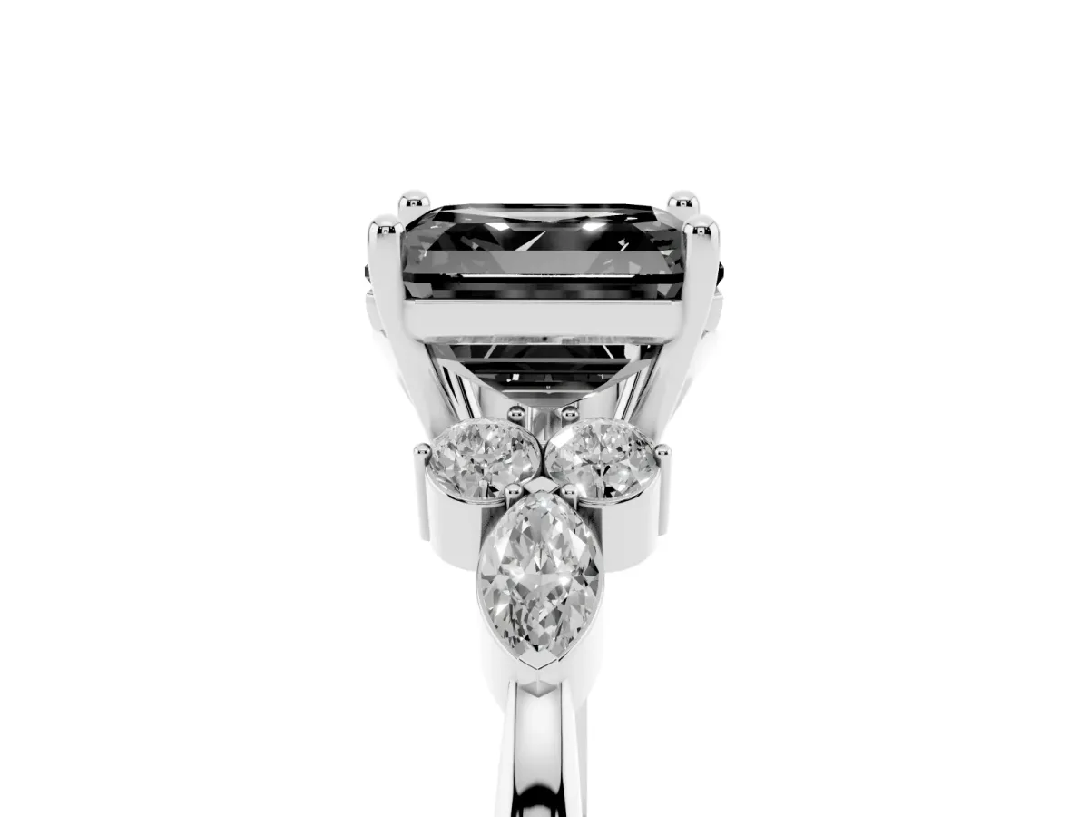 Fancy Black Asscher Cut Brilliant Diamond Solitaire Ring with Pear Side Stones and Four-Prong Setting Silver