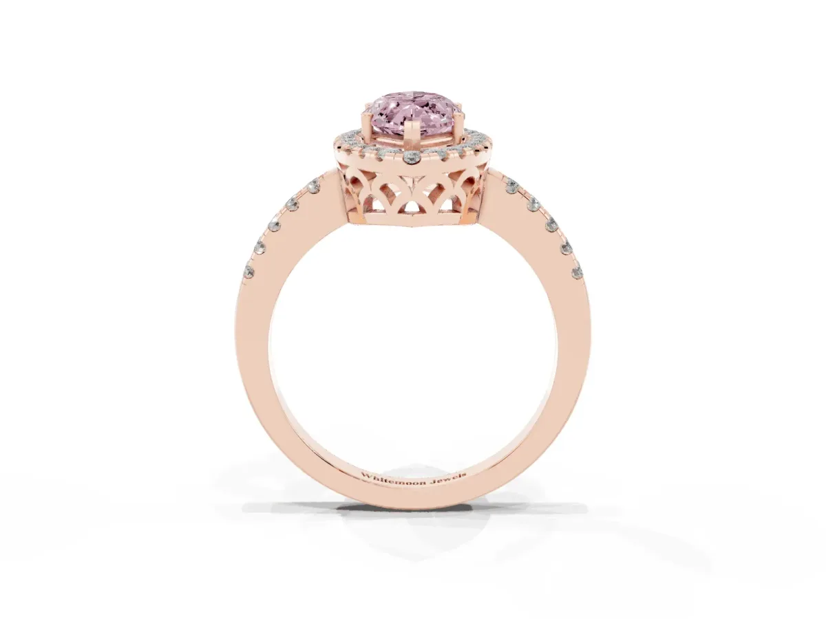 Fancy Pink Marquise Cut Halo Diamond Engagement Ring with Pavé Band and Four-Prong Setting Rose gold