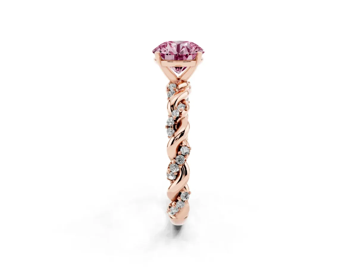 Fancy Pink Round Cut Diamond Solitaire Ring with Twisted Band and Pavé Accents Rose gold