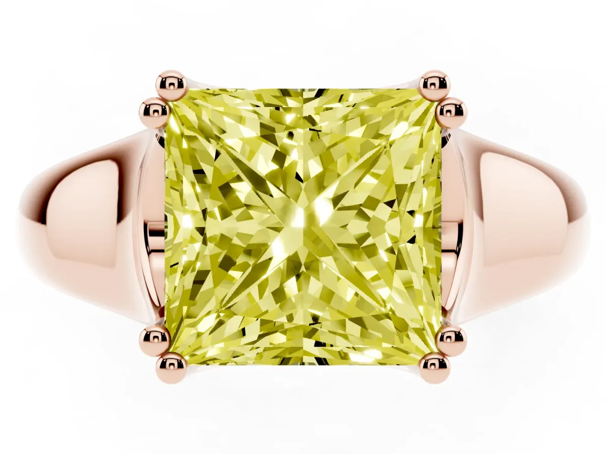 Fancy Yellow Princess Cut Diamond Solitaire Ring with Wide Band and Prong Setting Rose gold