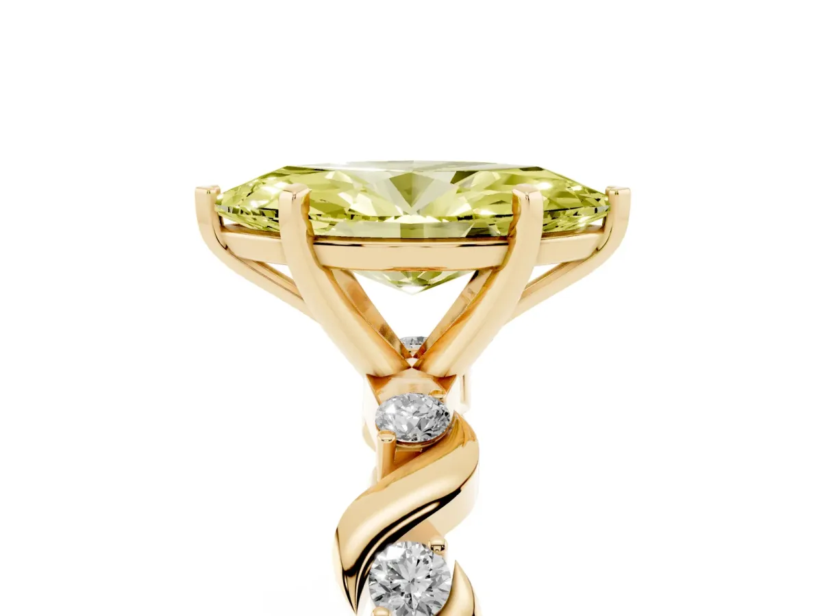 Fancy Yellow Marquise Cut Diamond Solitaire Twisted Band with Round Accents and Prong Setting Yellow gold