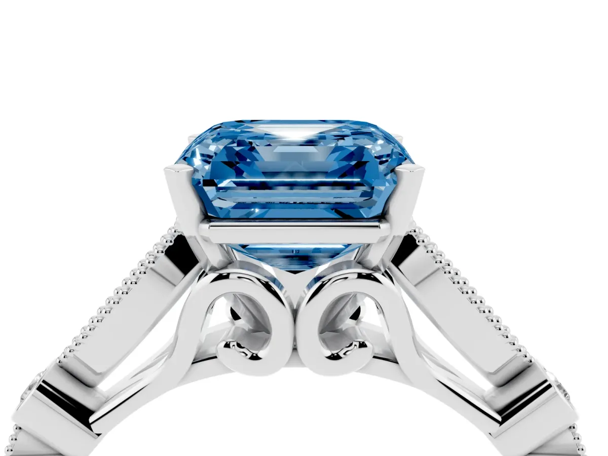 Fancy Blue Asscher Cut Cut Diamond with Milgrain Marquise and Bezel Accents on a Solitaire Band with Prong Setting Silver