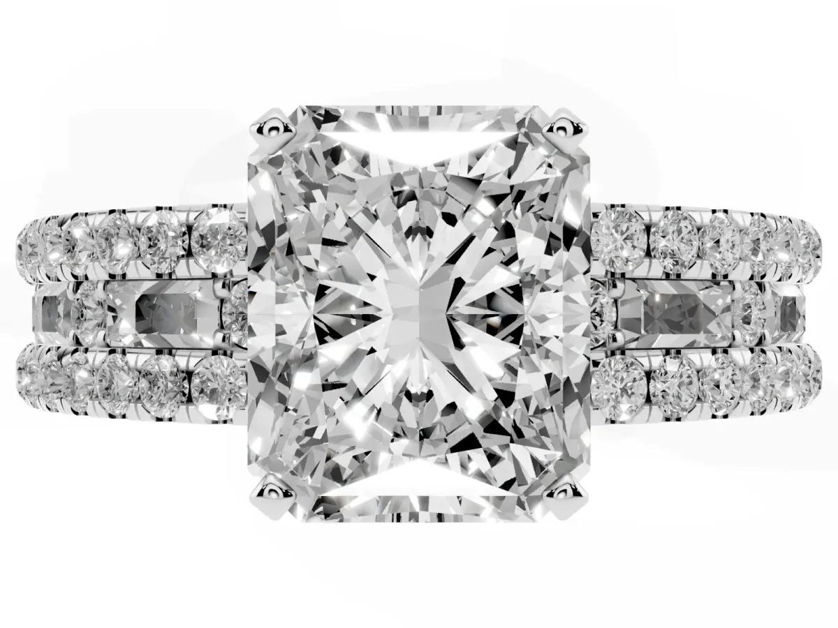Radiant Cut Diamond Solitaire Ring with Pavé and Channel Set Band Silver