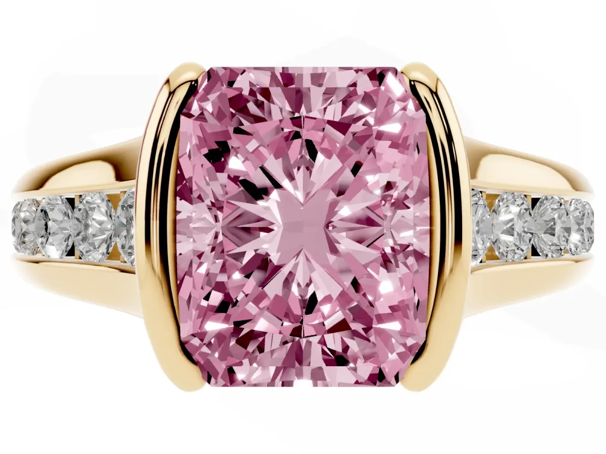 Fancy Pink Radiant Cut Solitaire Bezel-Set Diamond Ring with Channel-Set Band Yellow gold
