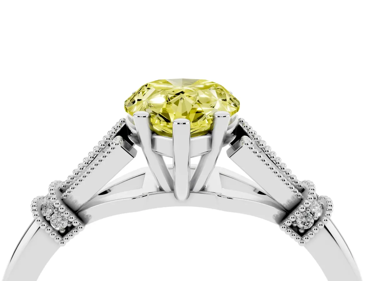 Fancy Yellow Pear Cut Diamond Solitaire Ring with Floral Filigree and Pave Accents Platinum