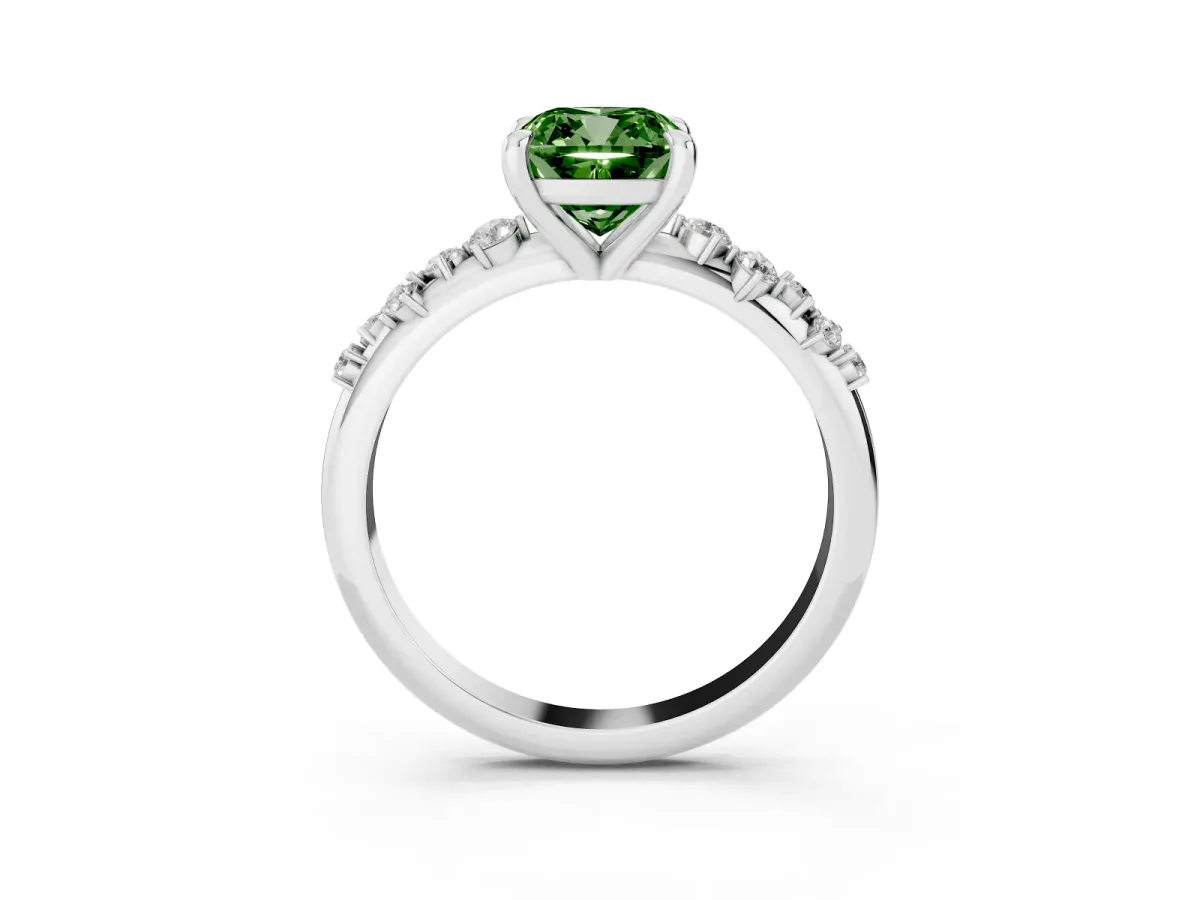 Fancy Green Cushion Cut Cut Diamond Vine Band with Four-Prong Setting Silver