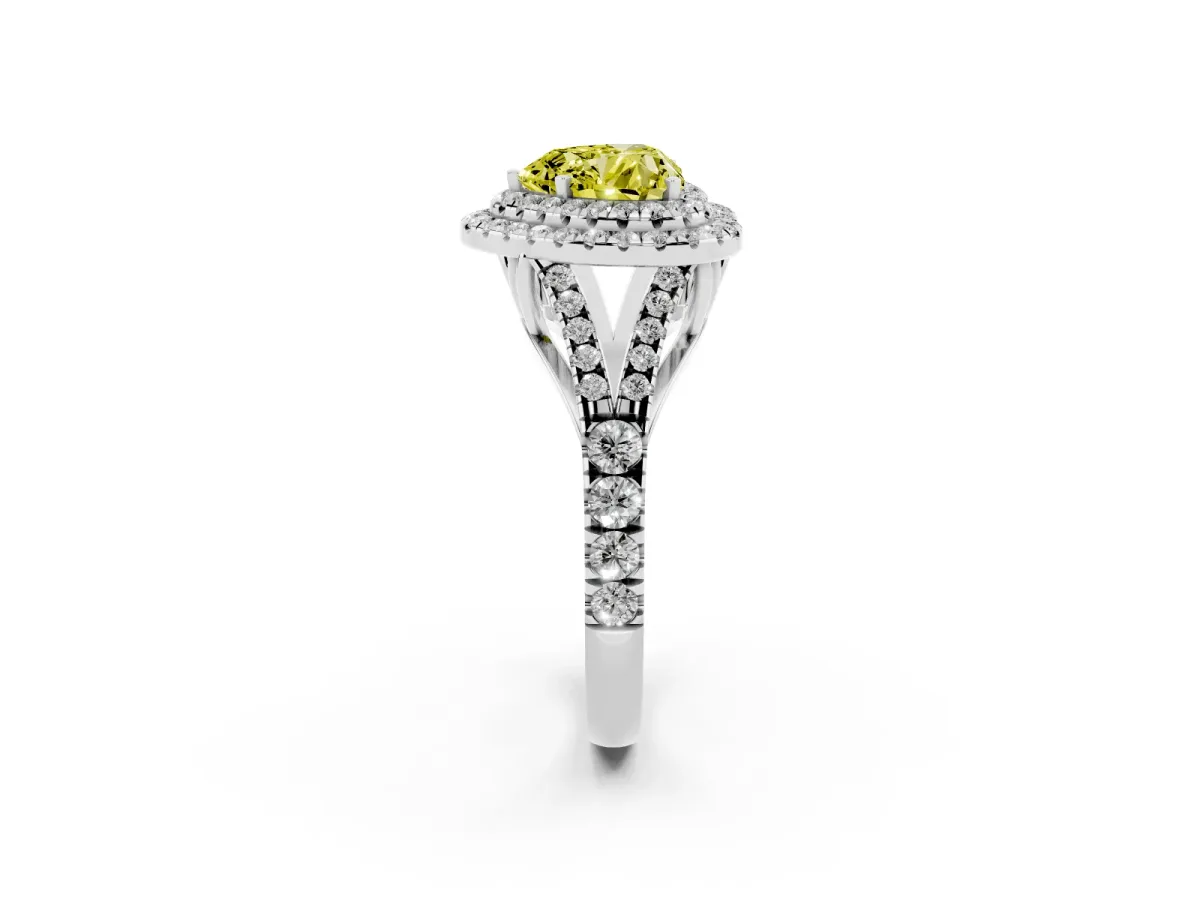 Fancy Yellow Double Halo Heart Cut Diamond Split Shank Engagement Ring with Four-Prong Setting Silver