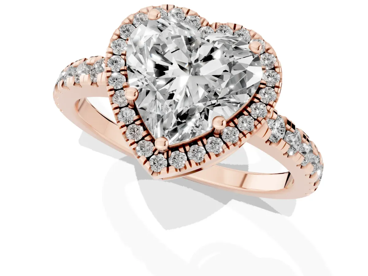 Heart Cut Diamond Halo Ring with Pavé Band and Four-Prong Setting Rose gold
