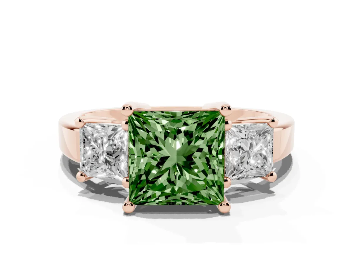 Fancy Green Three-Stone Princess Cut Cut Solitaire Ring with Prong Setting Rose gold