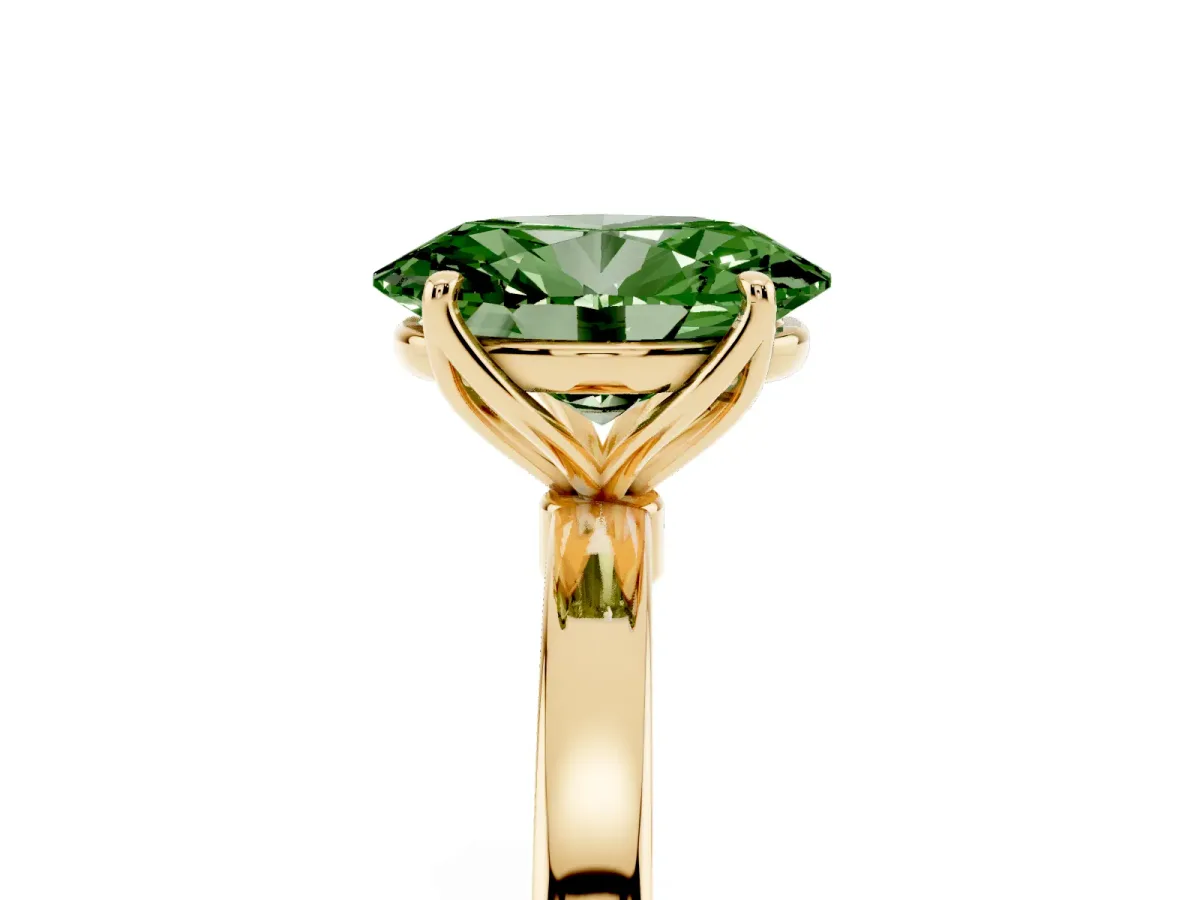 Fancy Green Oval Cut Diamond Solitaire Ring with Thin Band and Prong Setting Yellow gold