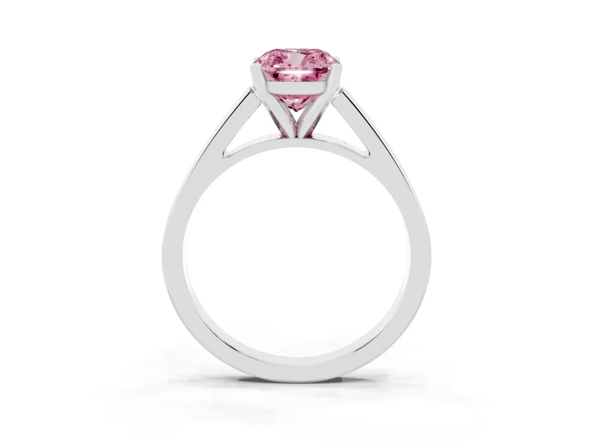 Fancy Pink Cushion Cut Solitaire Engagement Ring with Four-Prong Setting and Tapered Band Silver