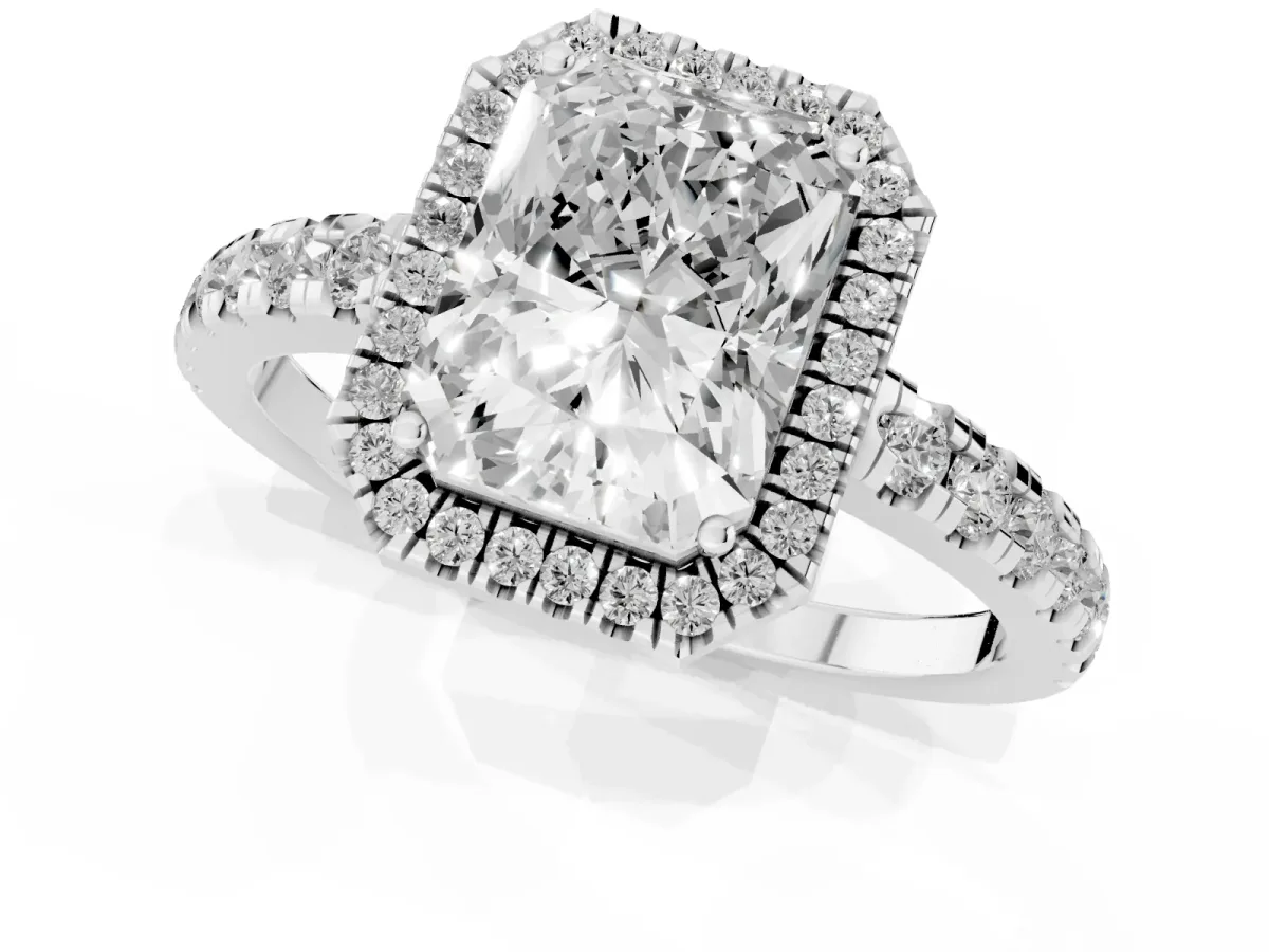 Radiant Cut Diamond Halo Ring with Pavé Band and Four-Prong Setting White gold