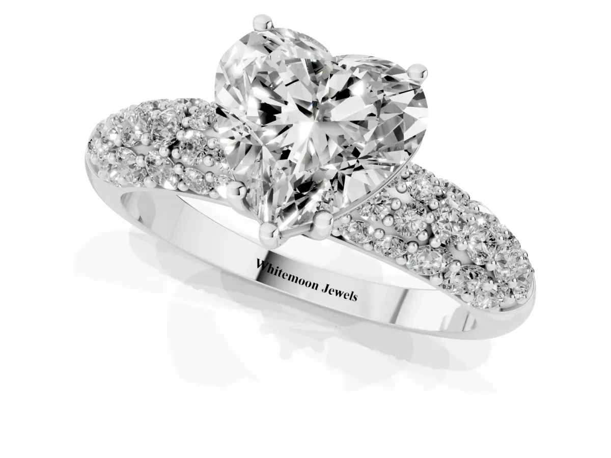 Heart Cut Diamond Pavé Band Solitaire Ring with Four-Prong Setting Silver