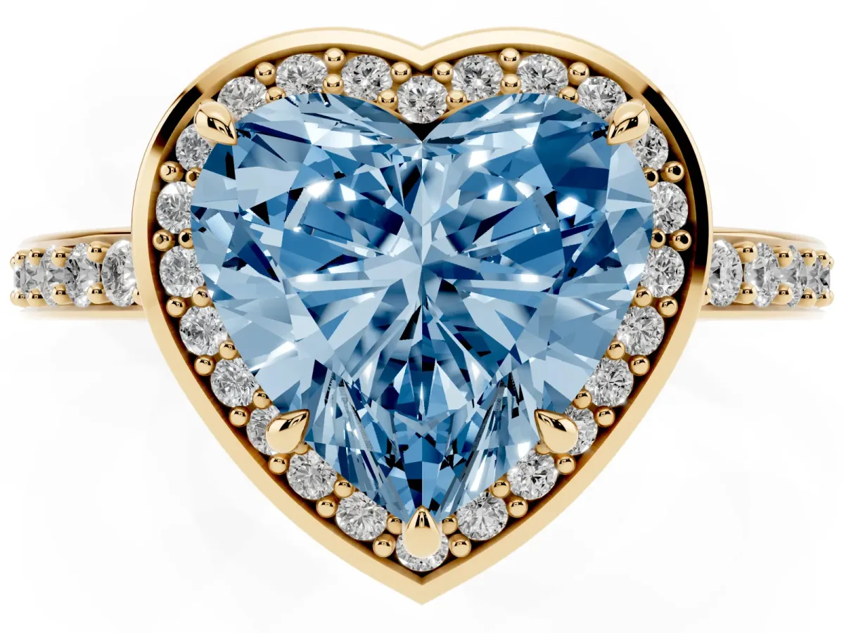 Fancy Blue Heart Cut Halo Pave Band Solitaire Ring with Prong Setting Yellow gold