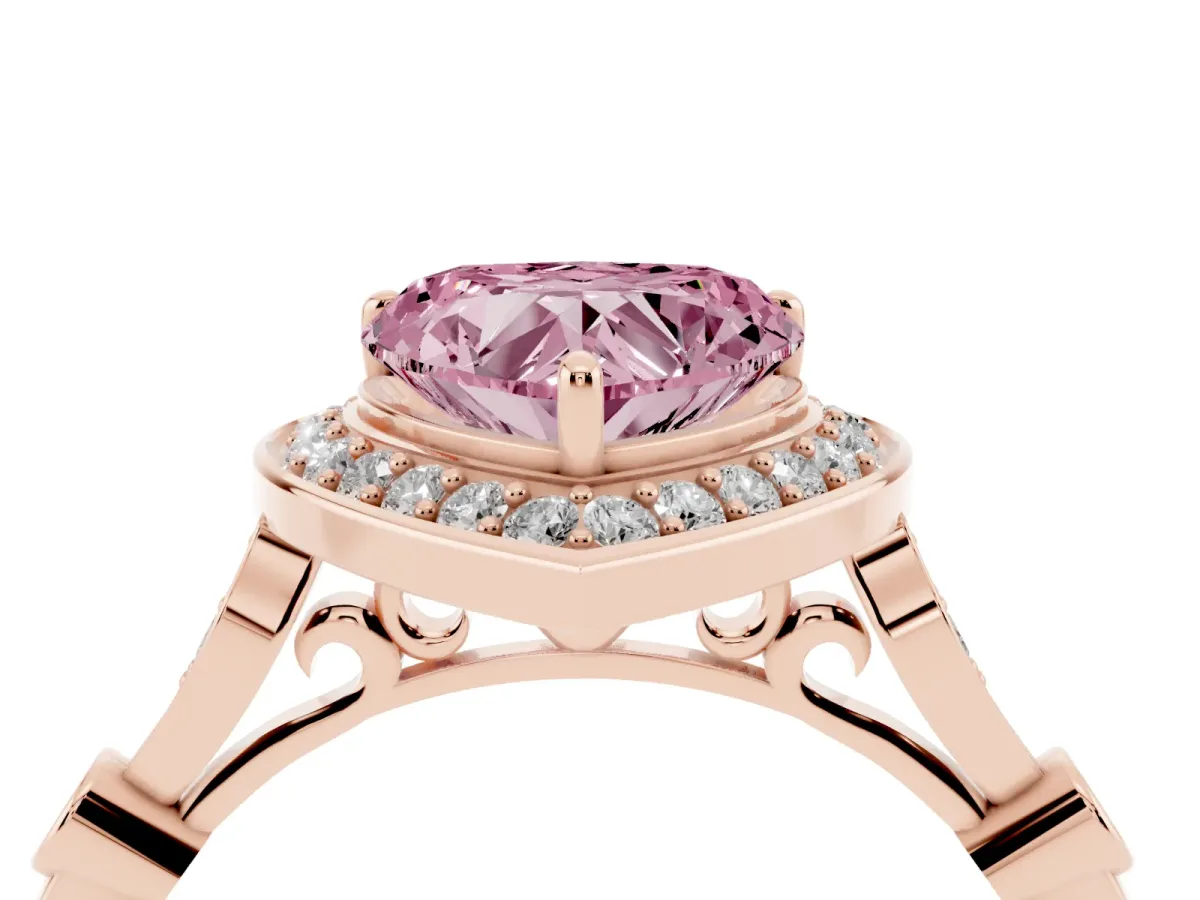 Fancy Pink Heart Cut Halo Diamond Engagement Ring with Twisted Band and Four-Prong Setting Rose gold
