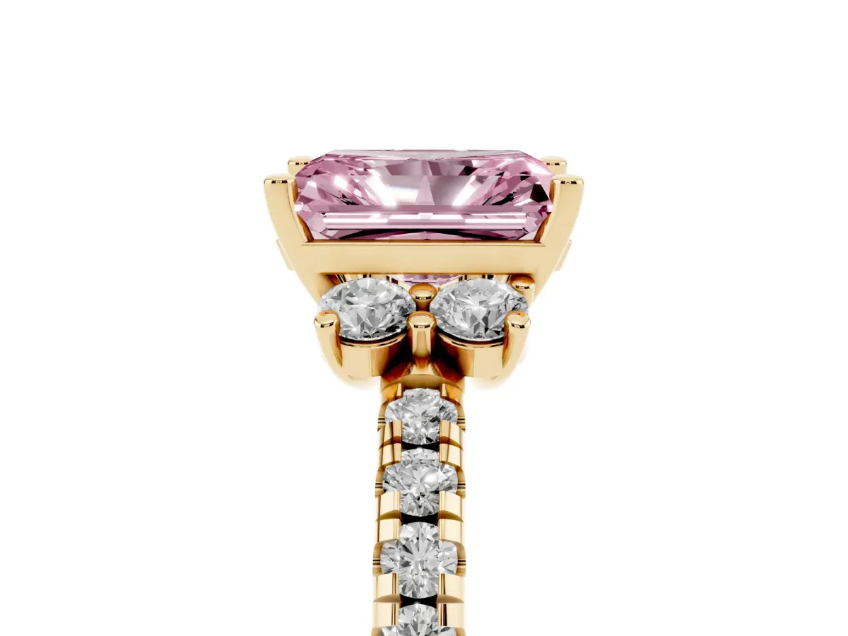Fancy Pink Radiant Cut Diamond Three-Stone Pave Band with Four-Prong Setting Yellow gold
