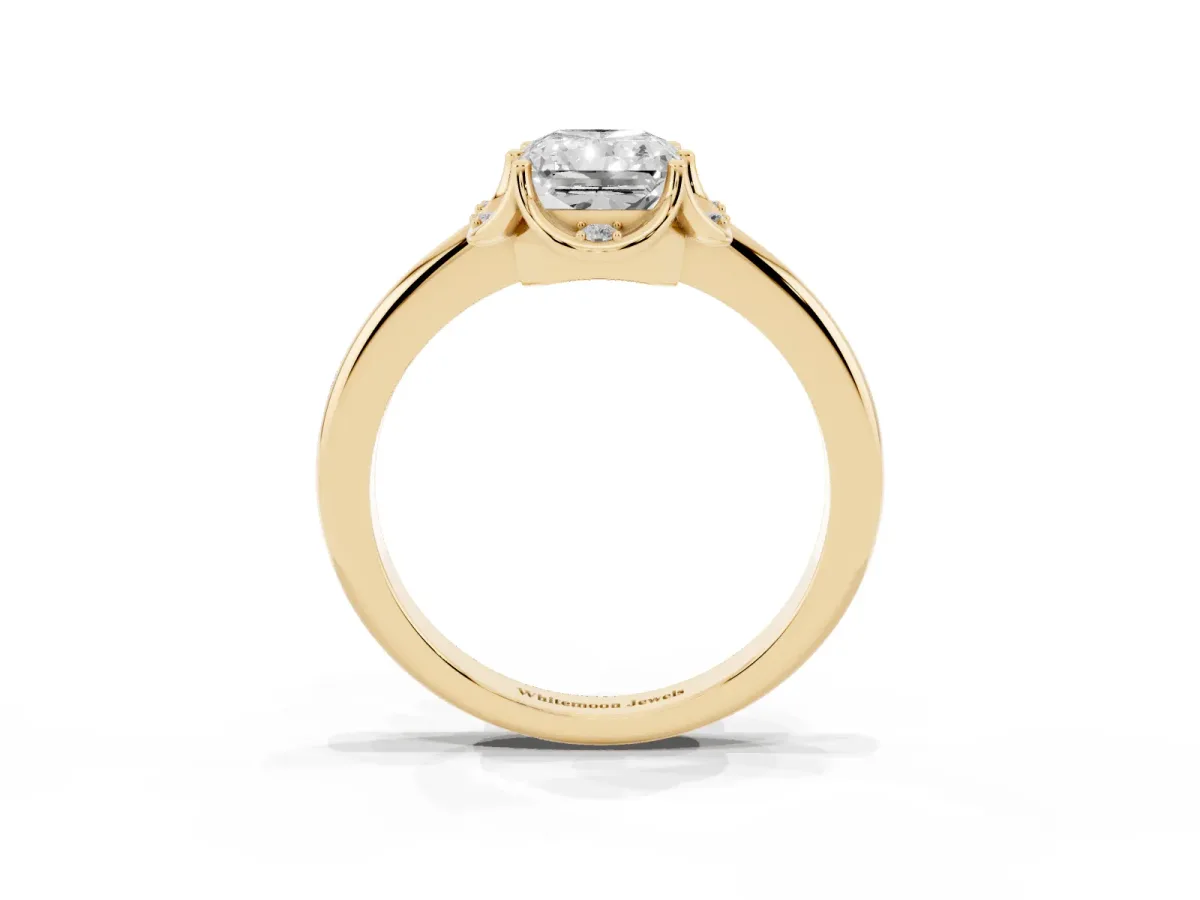 Radiant Cut Halo Diamond Ring with Round Cluster Setting, Solitaire Band, and Four-Prong Setting Yellow gold