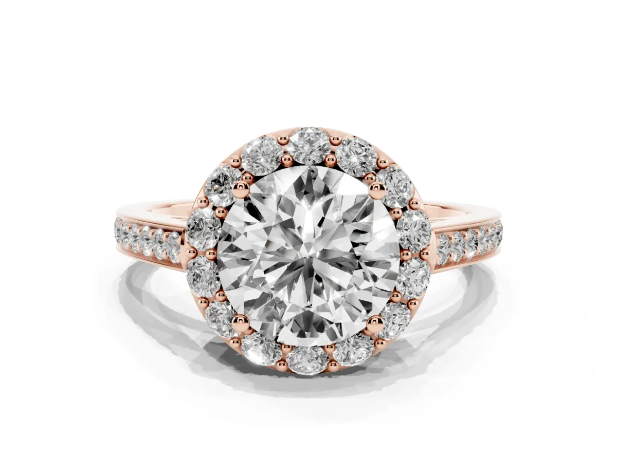 Round Cut Diamond Floral Halo Ring with Pavé Band and Prong Setting Rose gold
