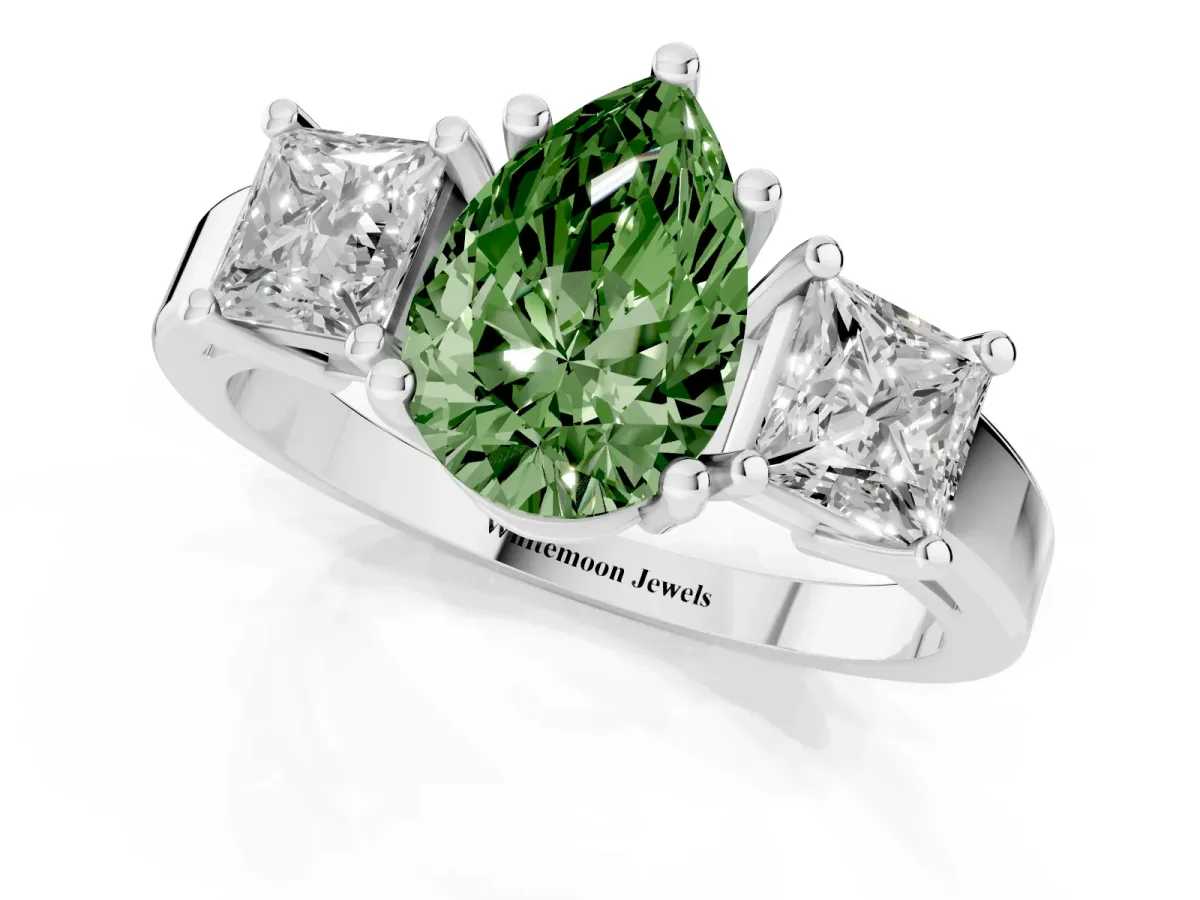 Fancy Green Three-Stone Pear Cut Cut Solitaire Ring with Prong Setting Silver