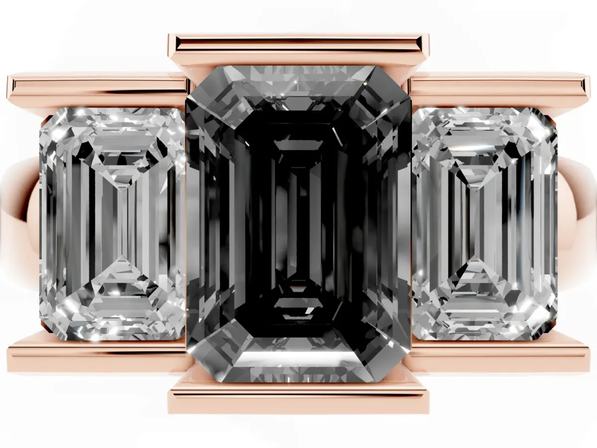 Fancy Black Three Stone Emerald Cut Cut Channel Set Diamond Ring Rose gold