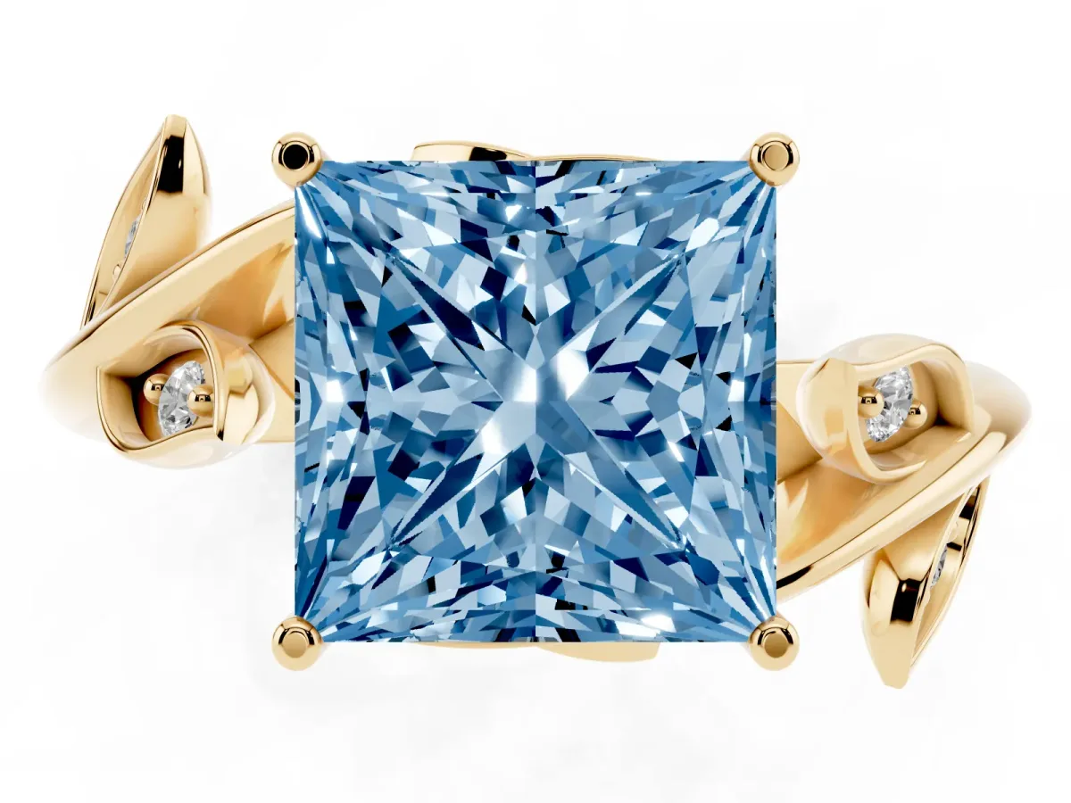 Fancy Blue Princess Cut Solitaire Twist Engagement Ring with Leaf Accents and Prong Setting Yellow gold