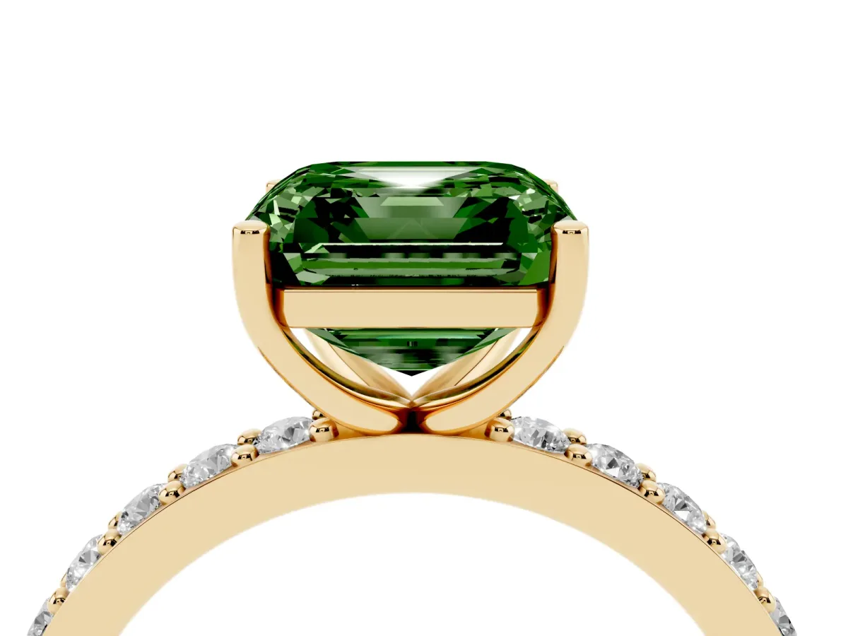 Fancy Green Asscher Cut Cut Diamond Solitaire with Pave Band and Four-Prong Setting Yellow gold