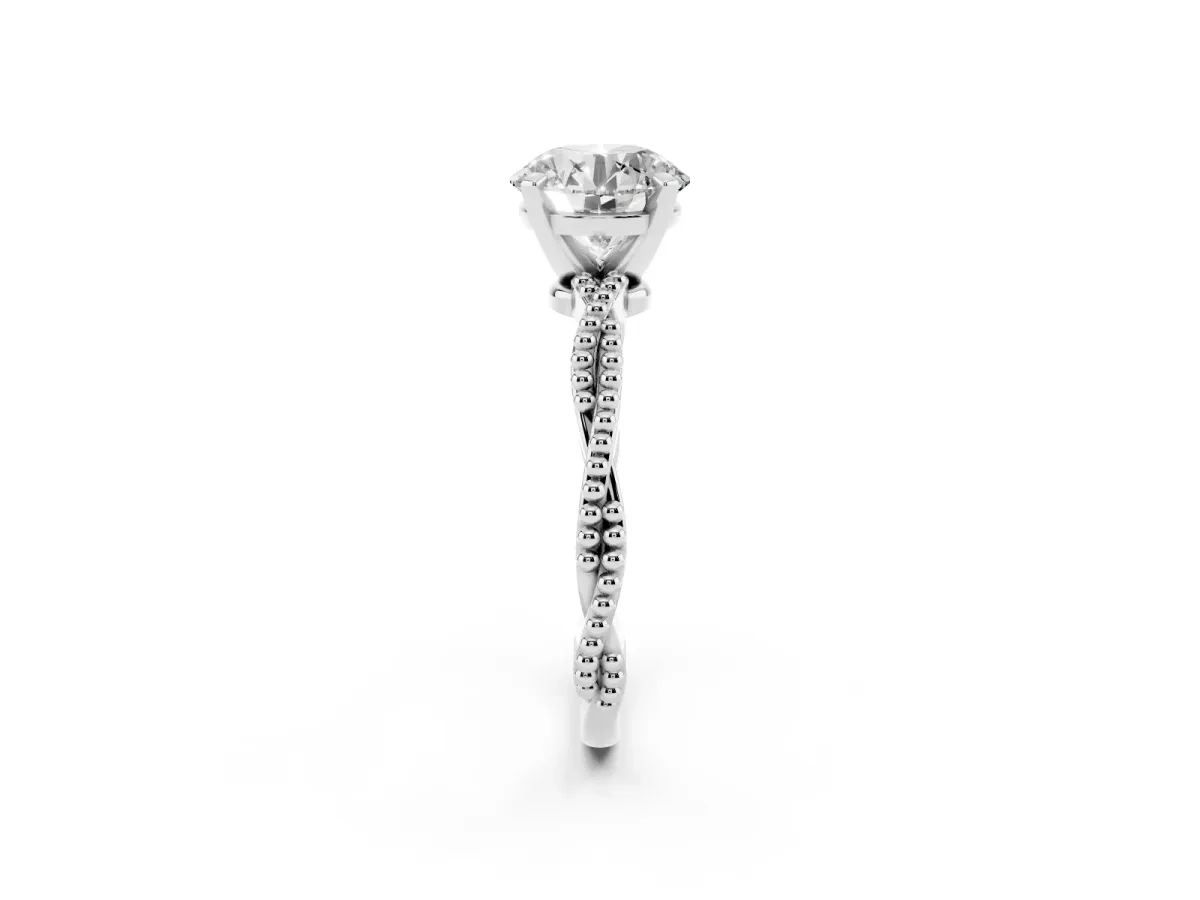 Round Cut Solitaire Twisted Band with Bead Prong Setting White gold