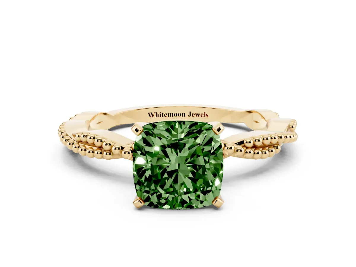 Fancy Green Cushion Cut Solitaire Twisted Band with Bead Prong Setting Yellow gold