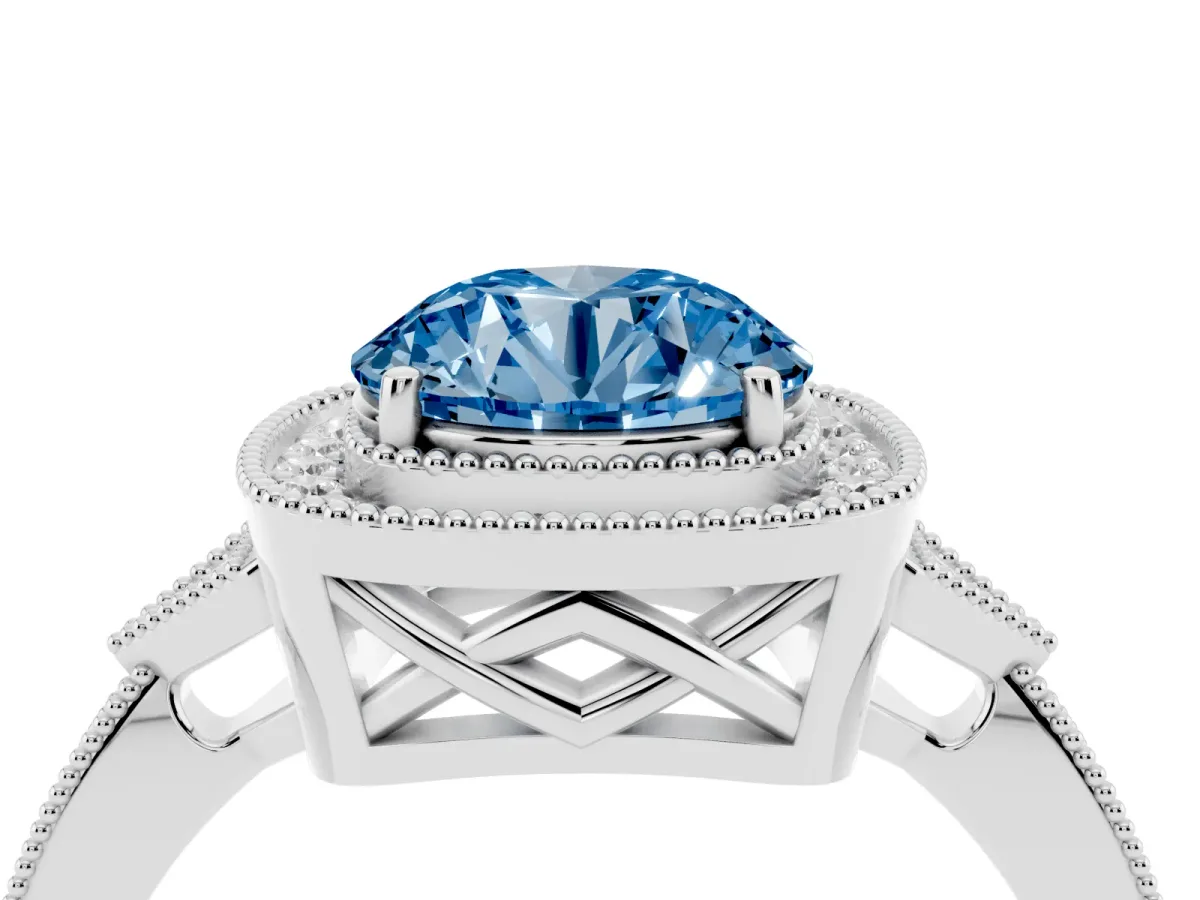 Fancy Blue Round Cut Halo Round Diamond Milgrain Pave Engagement Ring Silver