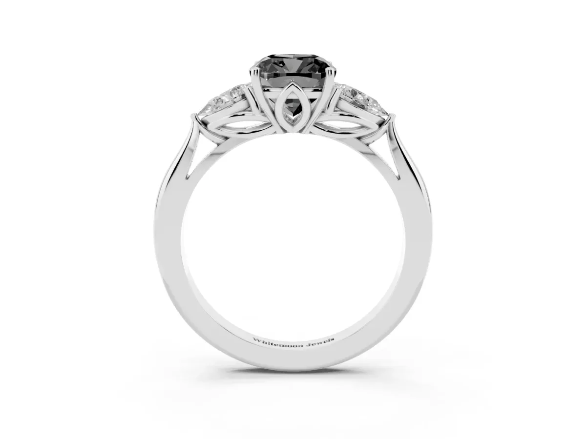 Fancy Black Cushion Cut Diamond Three-Stone Ring with Pear Side Stones and Prong Setting Silver