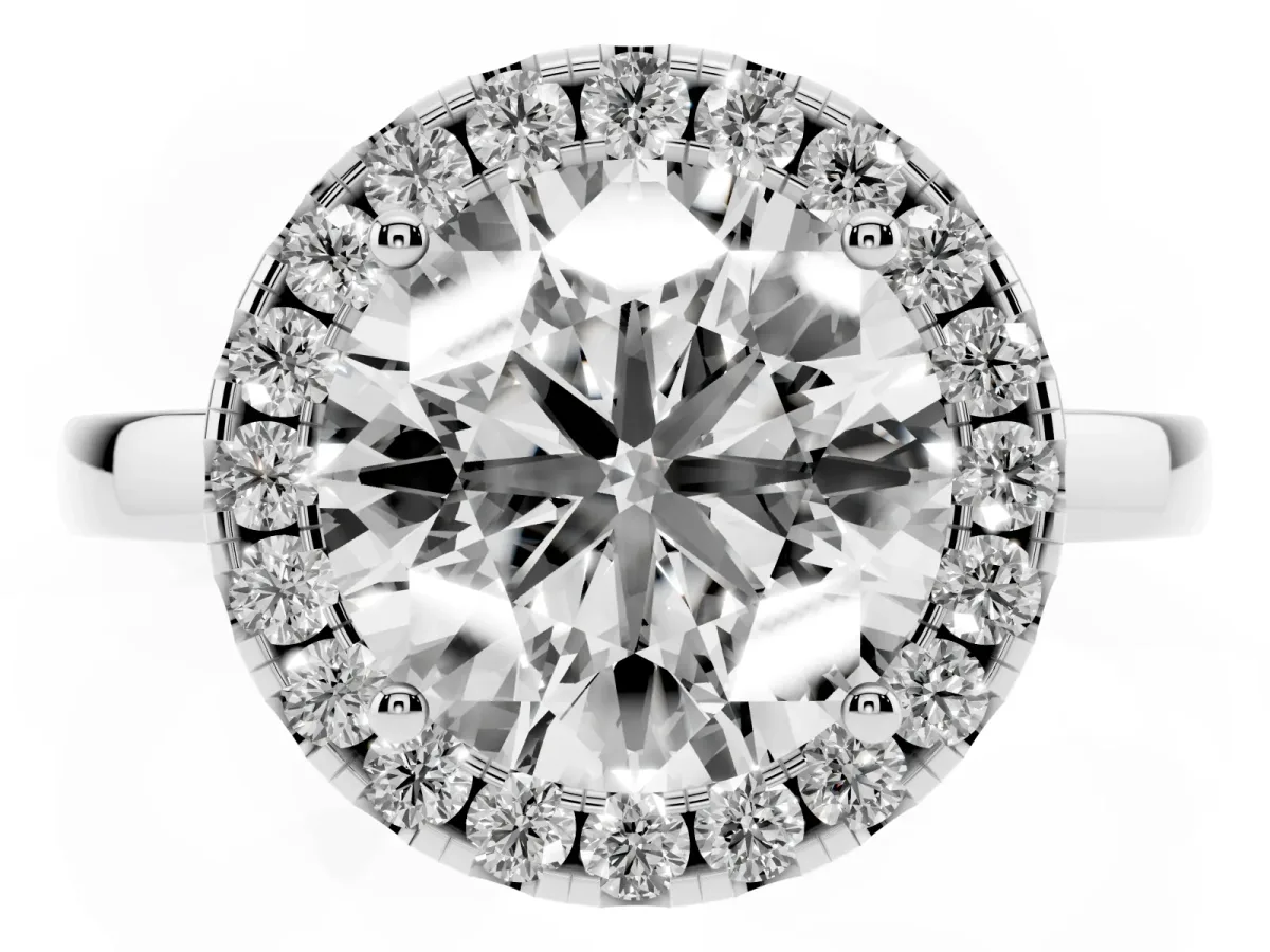 Round Cut Halo Diamond Solitaire with Pavé Band and Four-Prong Setting Silver