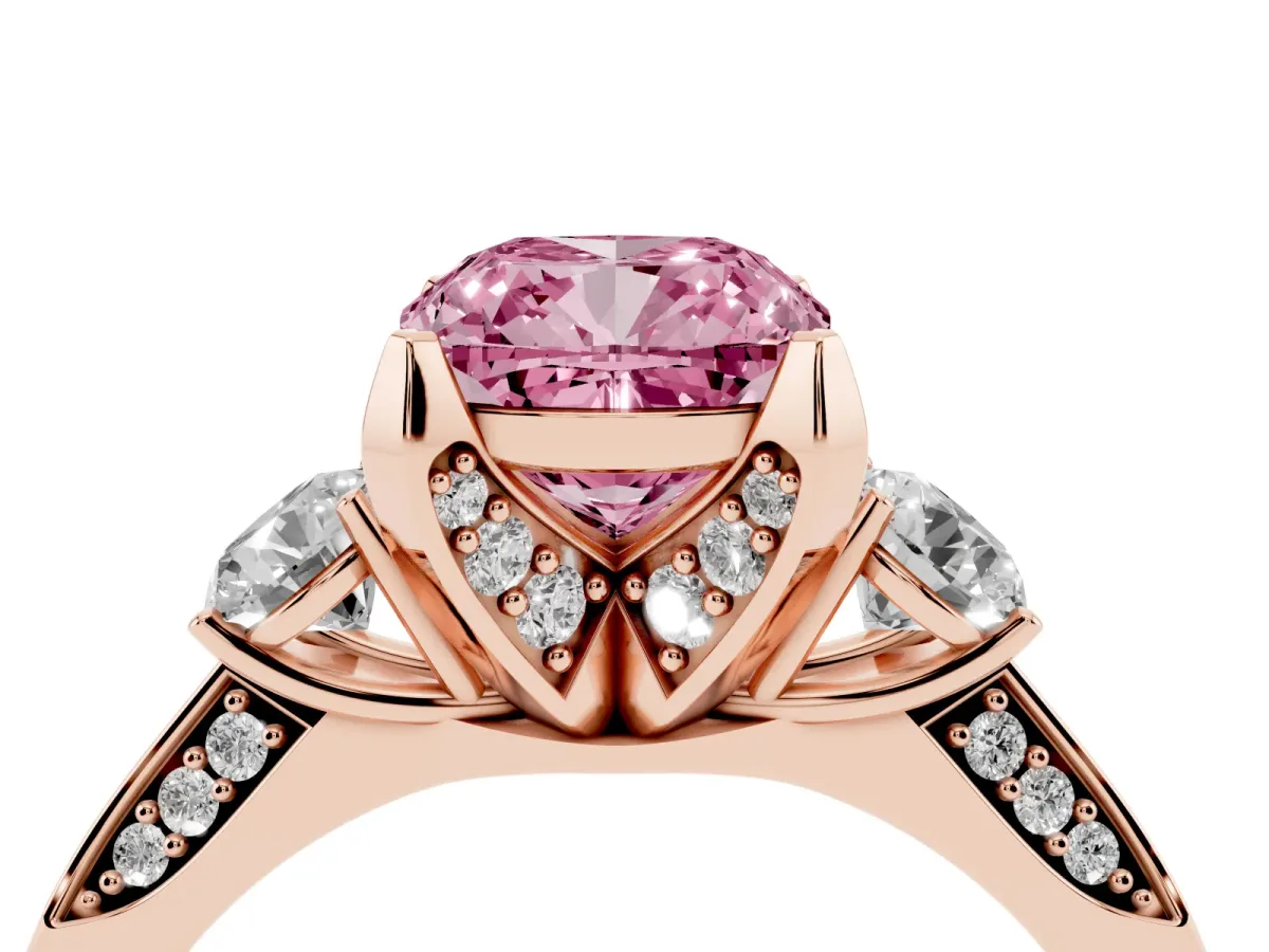 Fancy Pink Cushion Cut Brilliant Three-Stone Diamond Ring with Pavé Band and Four-Prong Setting Rose gold