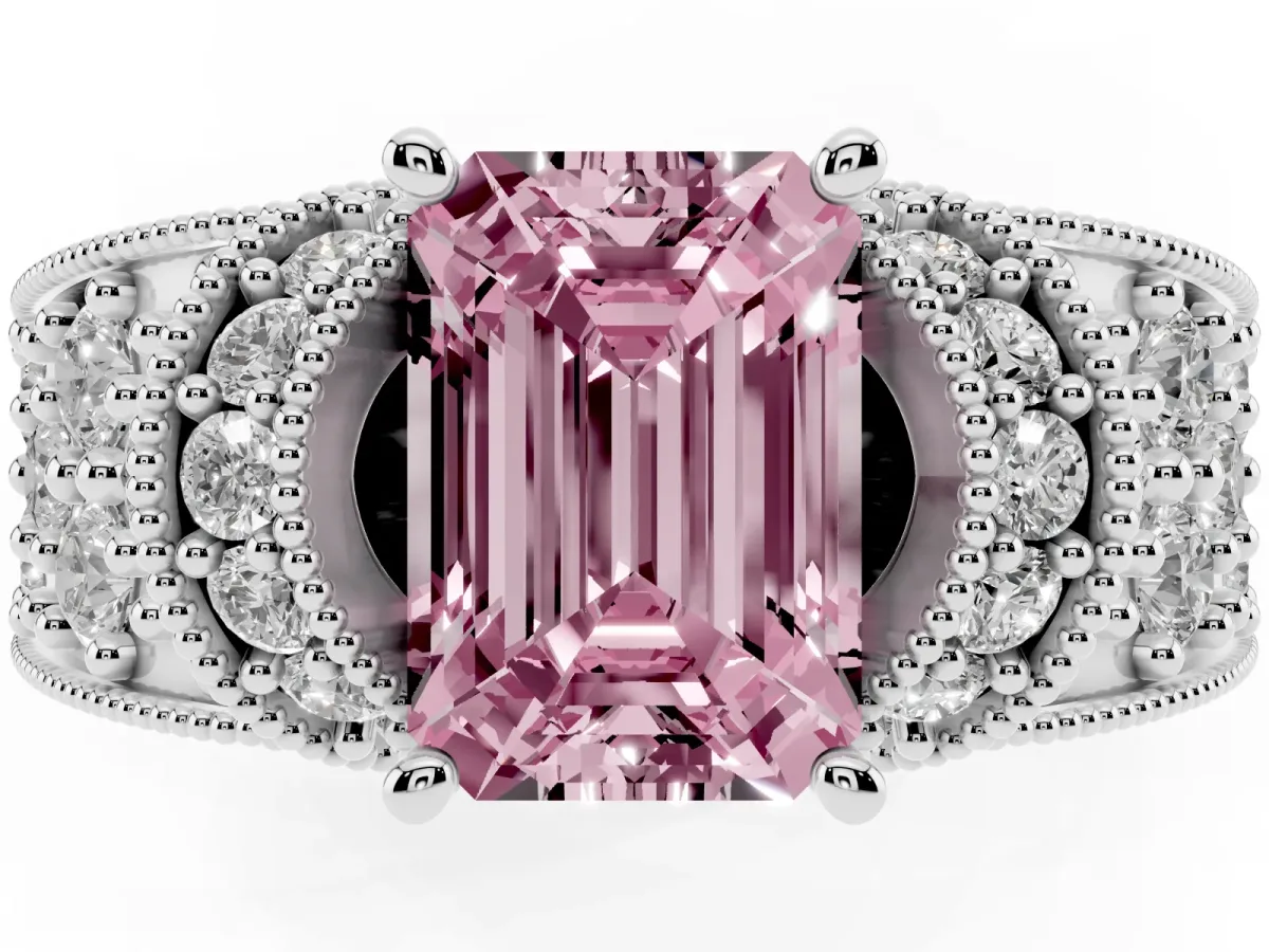 Fancy Pink Emerald Cut Halo Pave Diamond Engagement Ring with Milgrain Detailing Silver