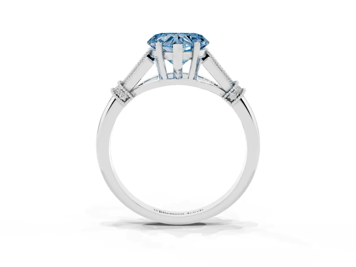 Fancy Blue Heart Cut Diamond Solitaire Ring with Floral Filigree and Pave Accents Silver