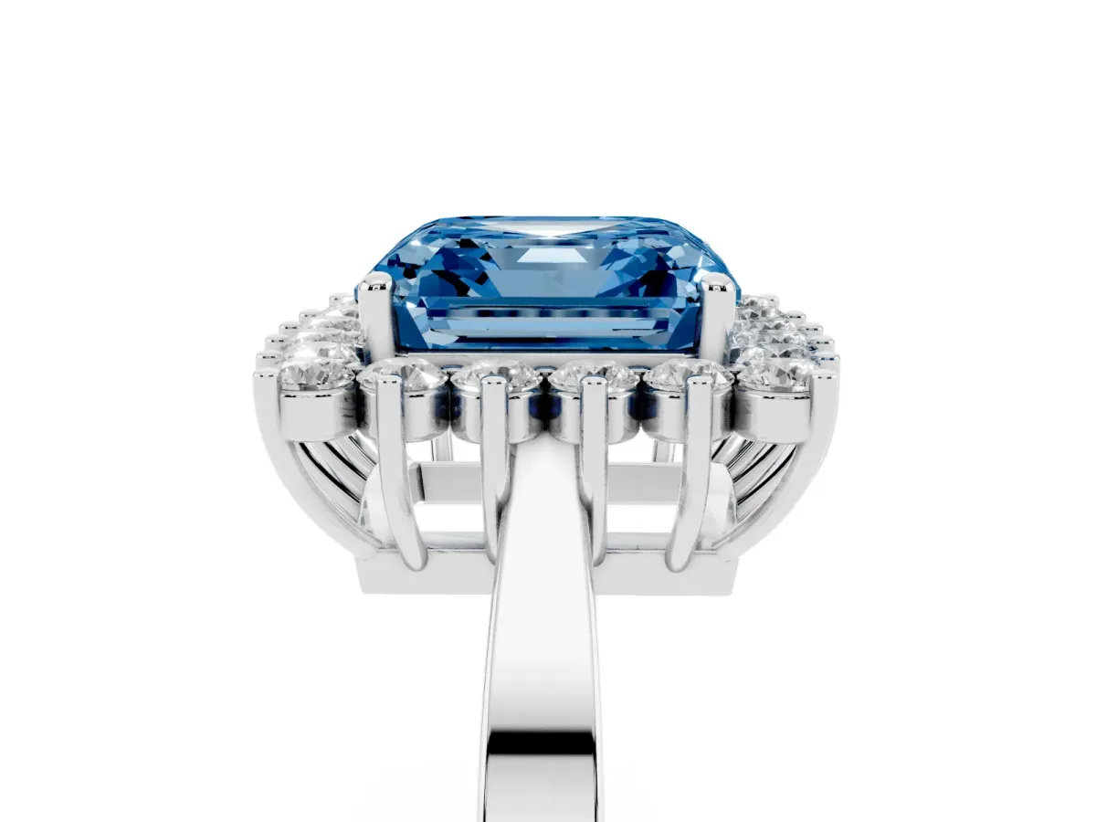 Fancy Blue Asscher Cut Cut Diamond Halo Ring with Round Brilliant Halo and Solitaire Band Platinum