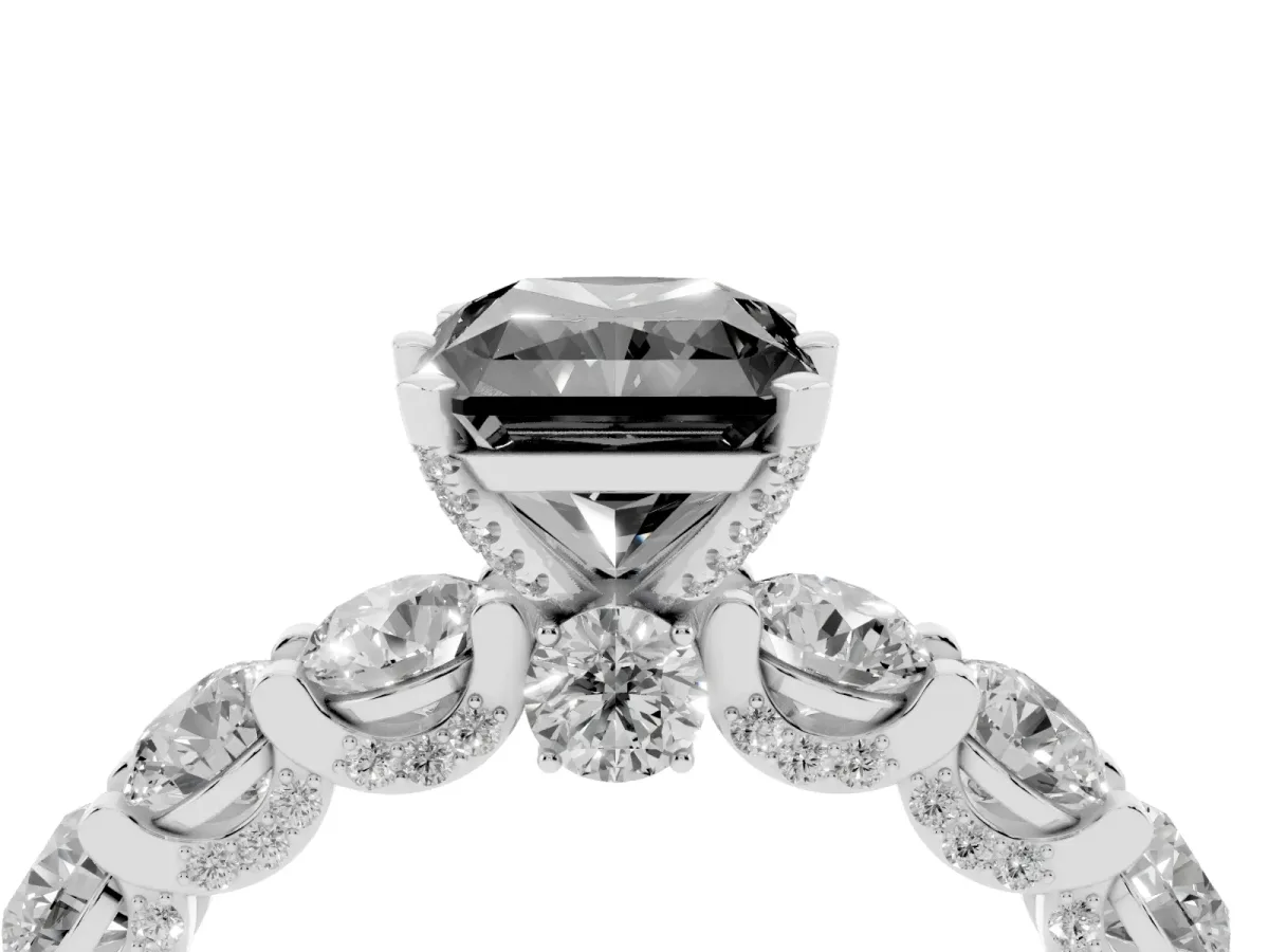 Fancy Black Radiant Cut Diamond Side Stone Engagement Ring with Four-Prong Setting Silver