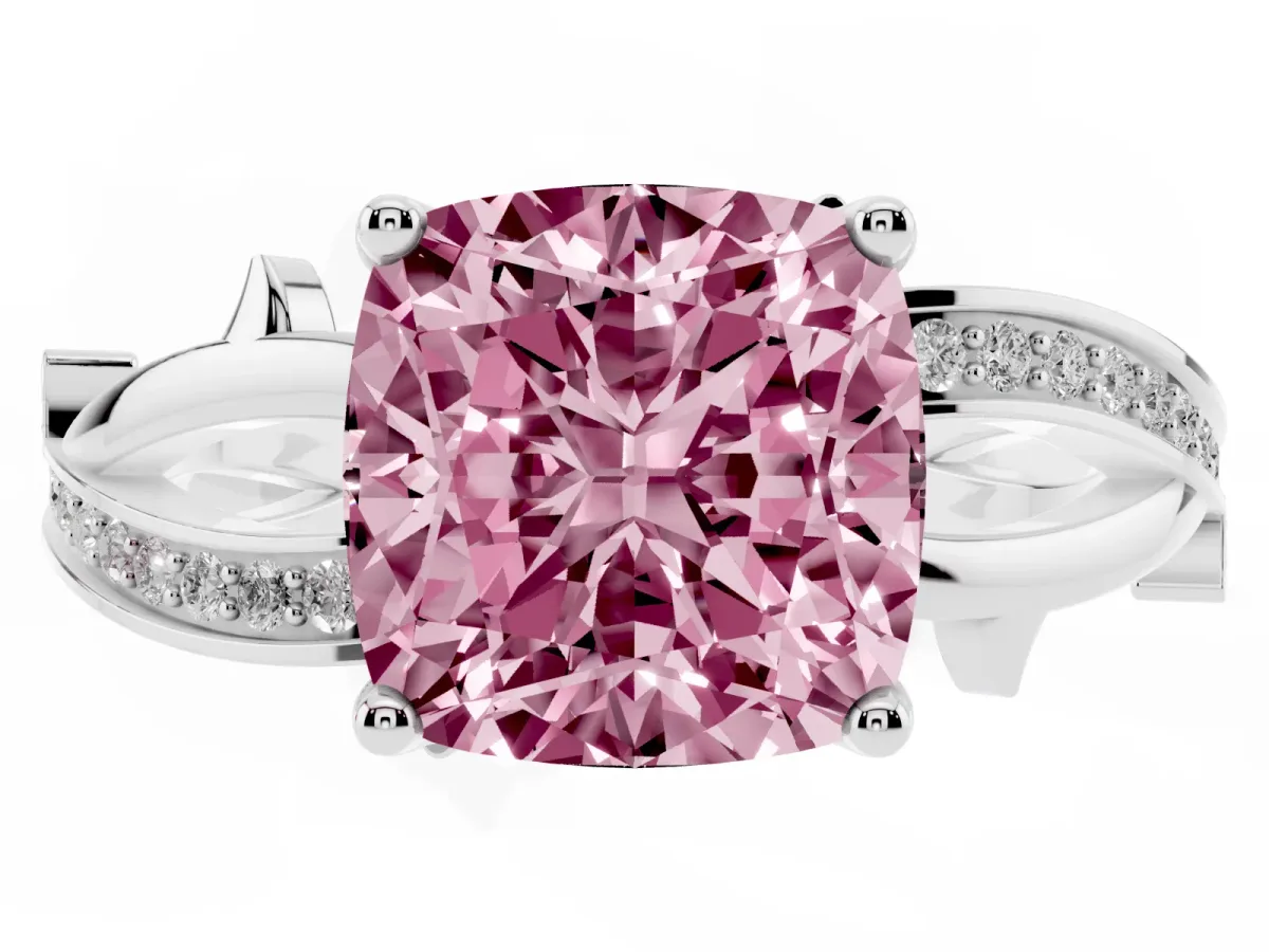 Fancy Pink Cushion Cut Solitaire Twist Band with Pavé Accents and Four-Prong Setting White gold
