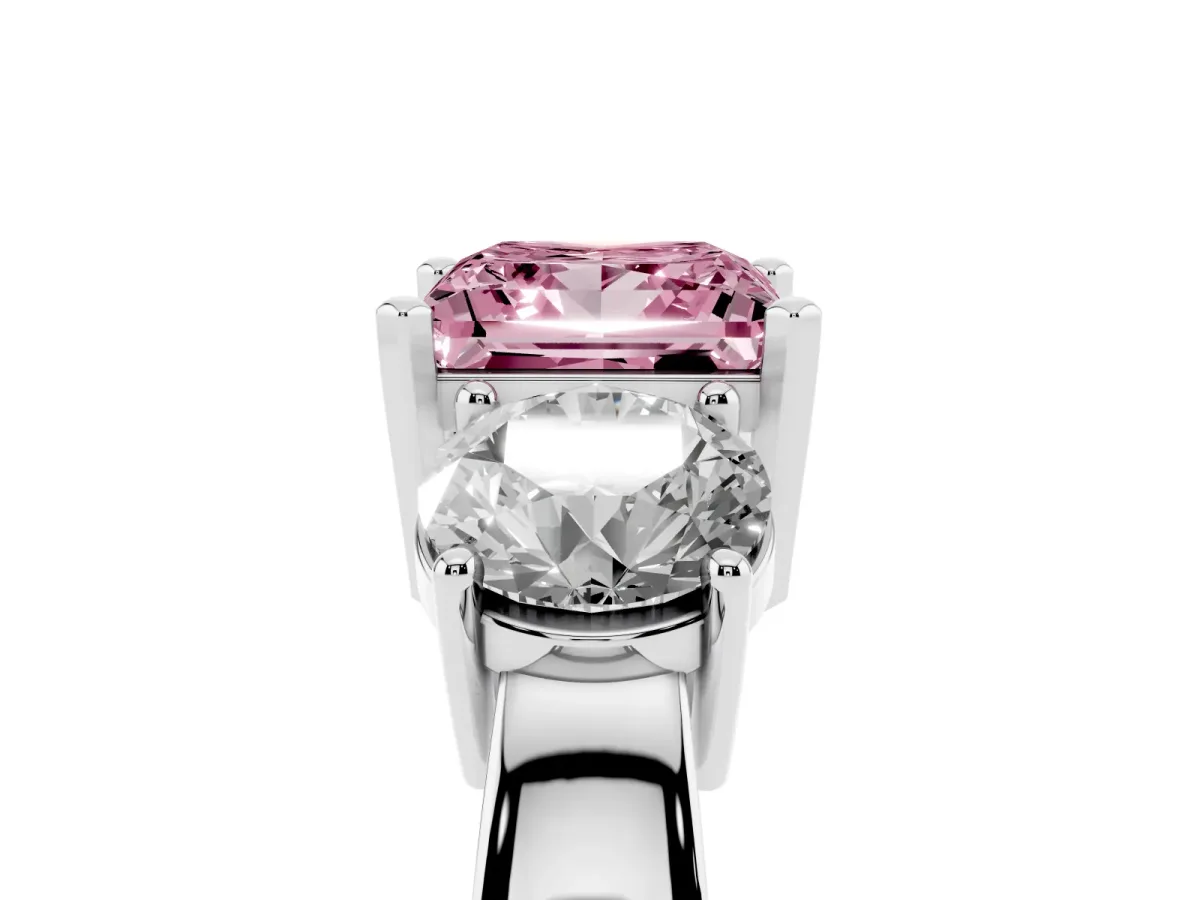 Fancy Pink Three-Stone Princess Cut Diamond Ring with Round Side Stones, Classic Band, and Four-Prong Setting White gold