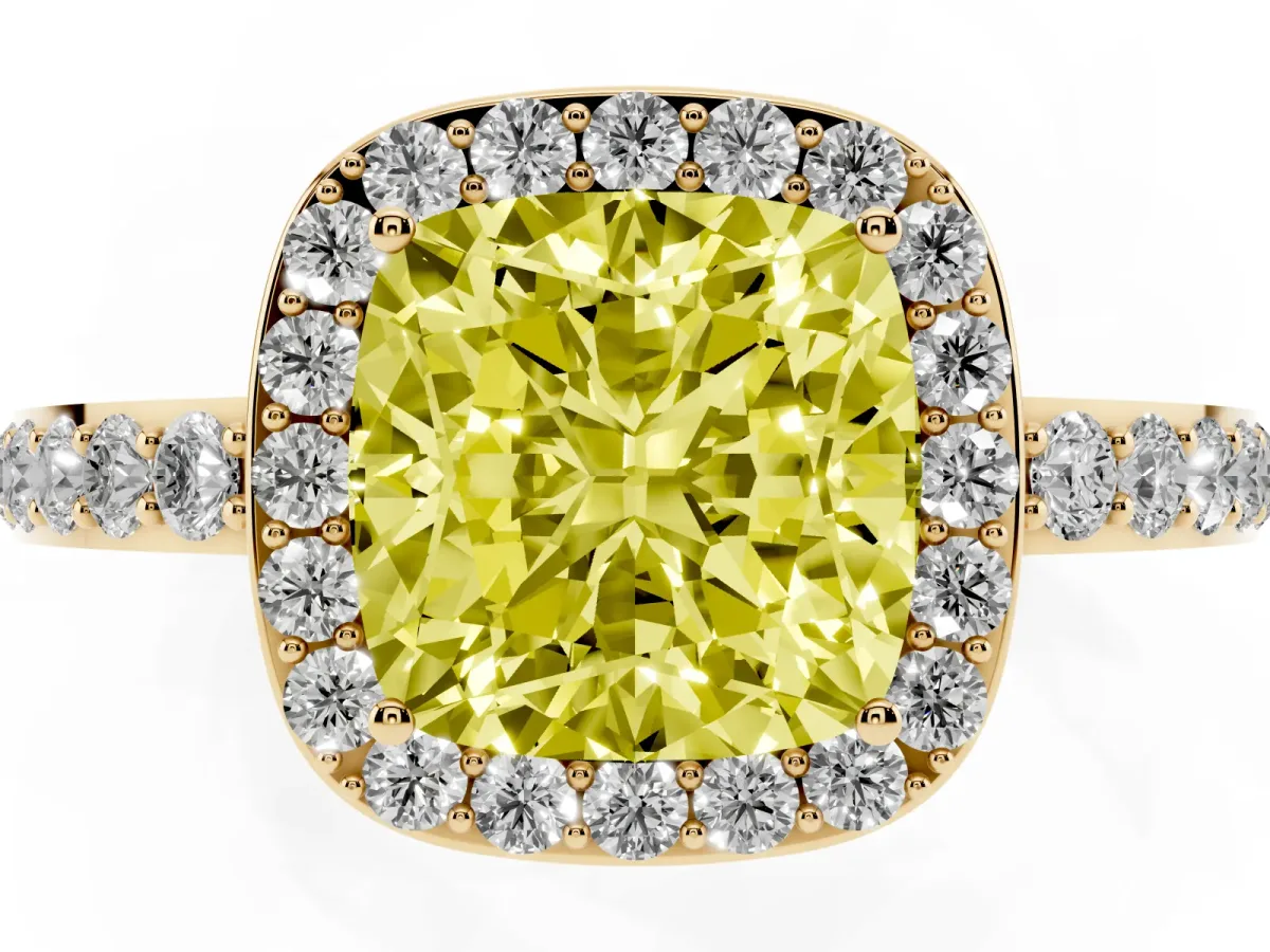 Fancy Yellow Cushion Cut Halo Diamond Pavé Band Ring with Prong Setting Yellow gold