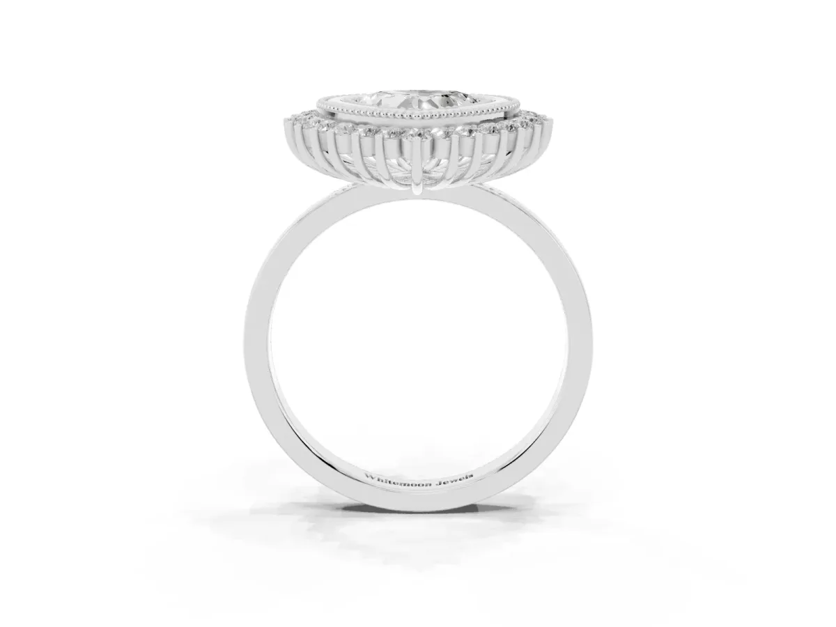 Heart Cut Halo Diamond Ring with Milgrain Edge and Round Prong Setting Silver
