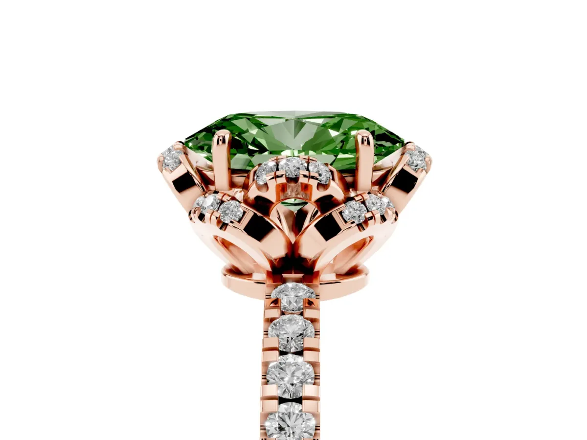 Fancy Green Oval Cut Halo Diamond Pave Band Ring with Four-Prong Setting Rose gold