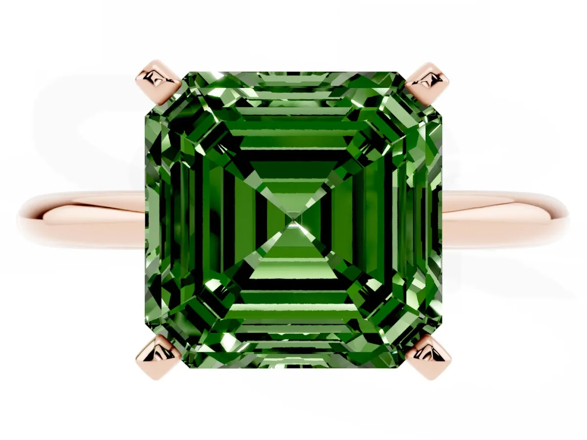 Fancy Green Asscher Cut Diamond Solitaire Ring with Prong Setting and Classic Band Rose gold