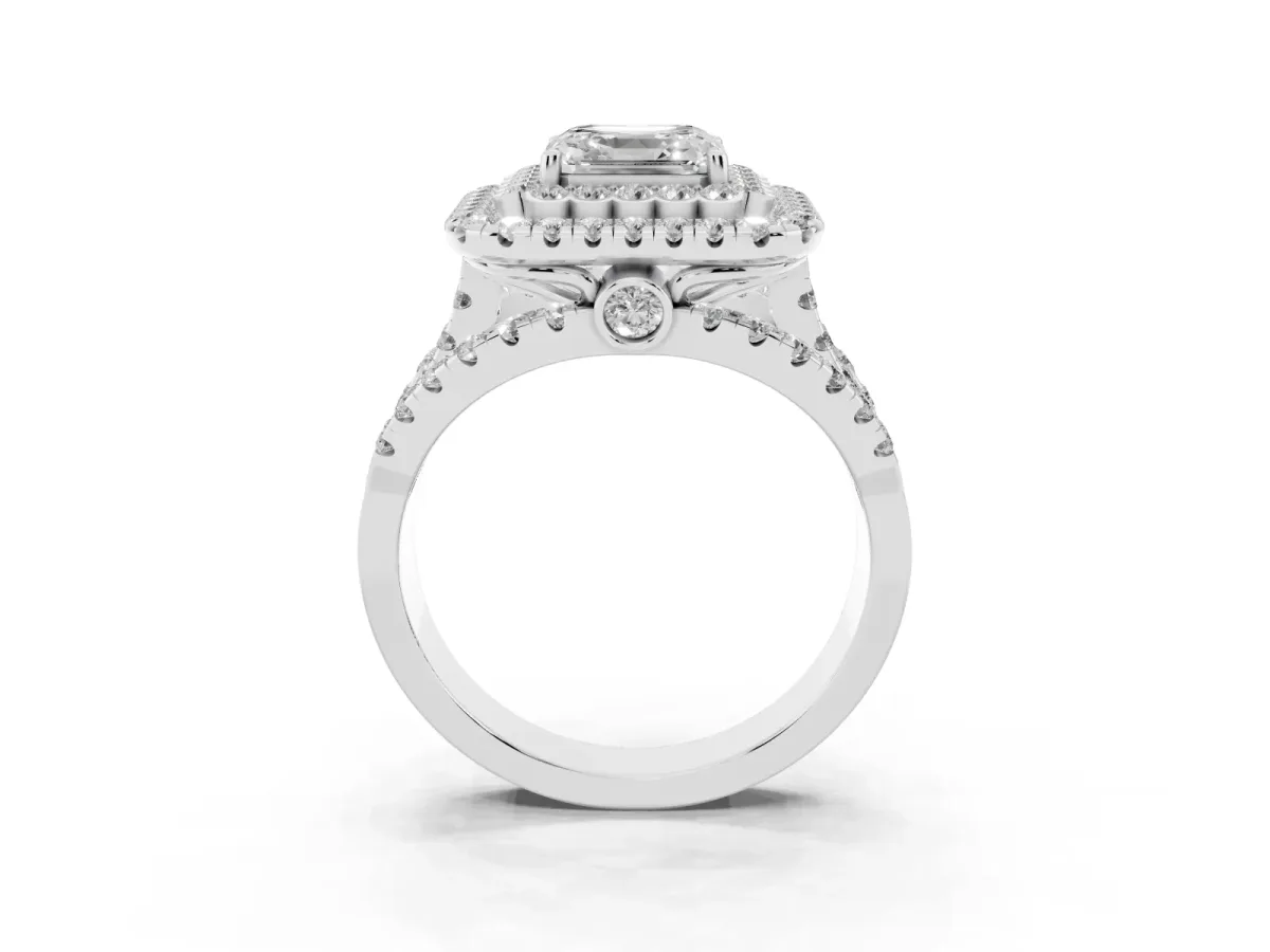 Asscher Cut Diamond Double Halo Ring with Round Pavé Split Shank and Prong Setting Silver