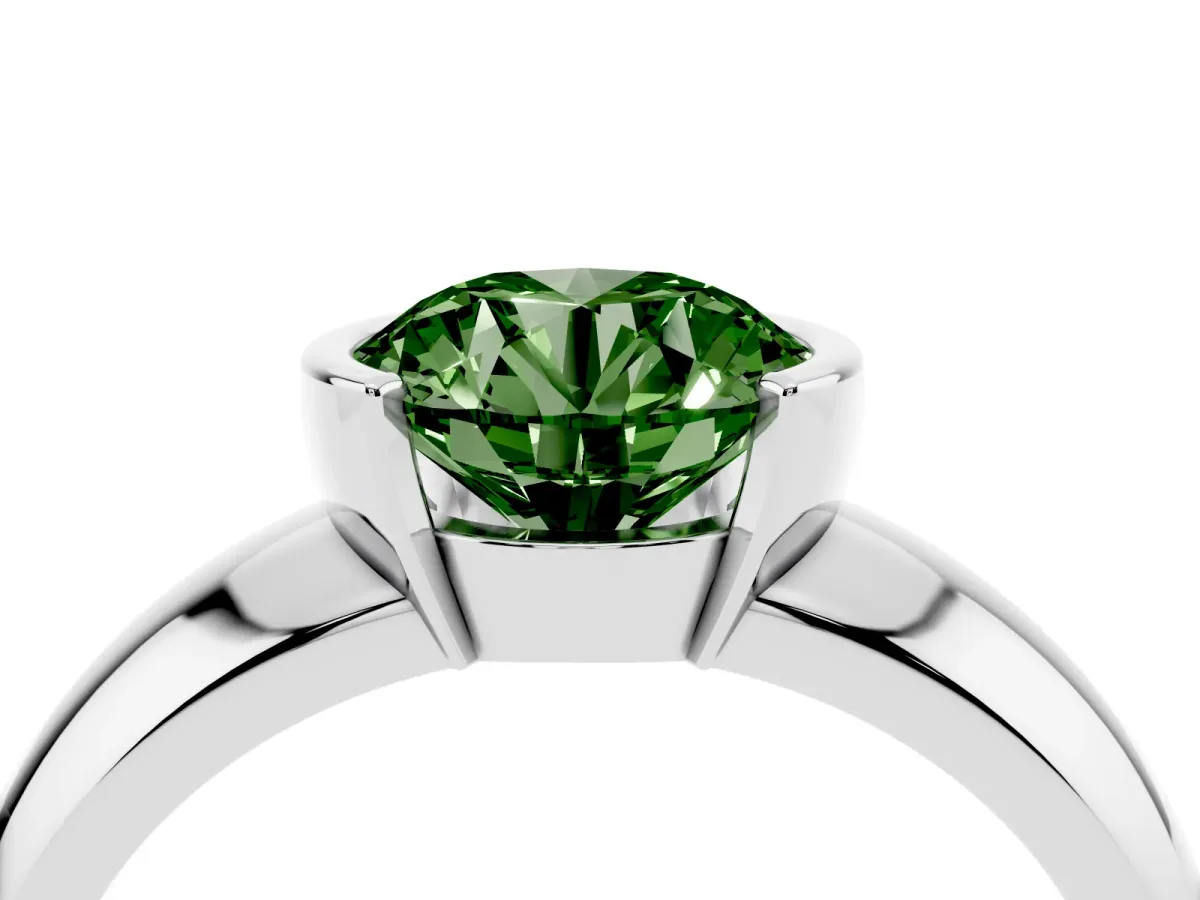 Fancy Green Round Cut Solitaire Tension Set Diamond Ring with Wide Band White gold
